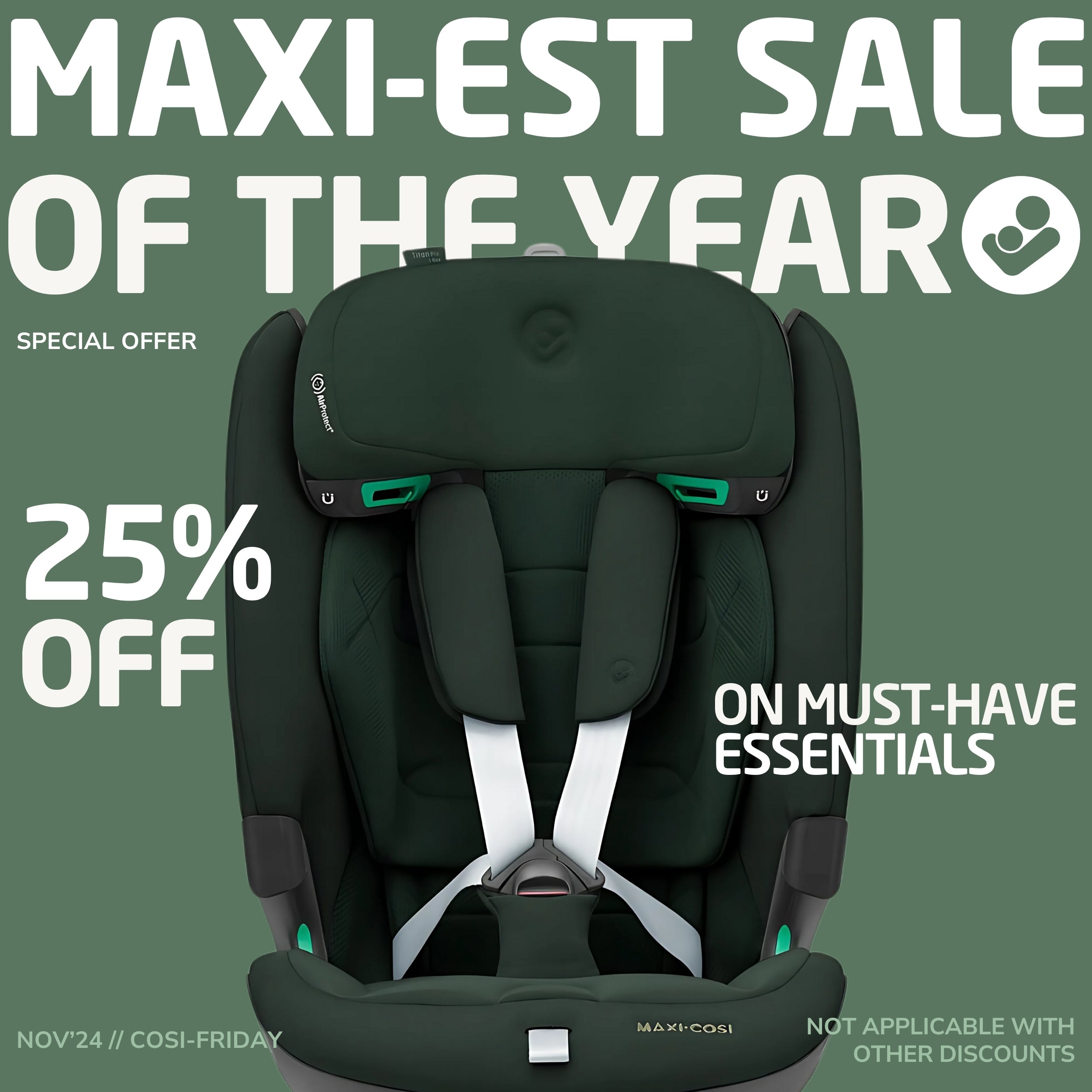 Maxi-Cosi mobile-friendly promo banner with a green car seat offering 25% off for White Friday.